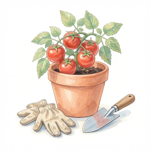 Watercolor of a terracotta pot of ripe tomatoes with gardening gloves and a trowel